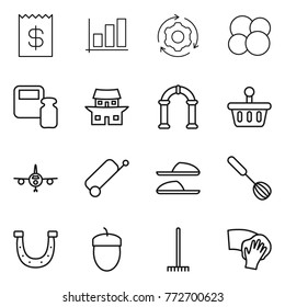 Thin line icon set : receipt, graph, around gear, atom core, scales weight, japanese house, arch, basket, plane, suitcase, slippers, whisk, horseshoe, acorn, rake, wiping