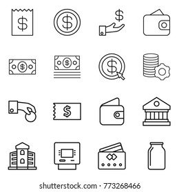 Thin line icon set : receipt, dollar, investment, wallet, money, arrow, virtual mining, hand coin, library, building, atm, credit card, bank