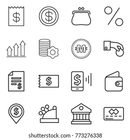 Thin line icon set : receipt, dollar, purse, percent, graph up, virtual mining, crypto currency, hand coin, account balance, mobile pay, wallet, pin, cashbox, library, credit card