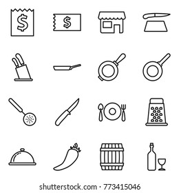 Thin line icon set : receipt, shop, cutting board, stands for knives, pan, skimmer, knife, fork spoon plate, grater, meal cap, hot pepper, barrel, wine