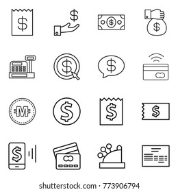 Thin line icon set : receipt, investment, money, gift, cashbox, dollar arrow, message, tap to pay, crypto currency, coin, mobile, credit card, invoice