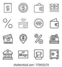 Thin line icon set : receipt, dollar, wallet, money, percent, tap to pay, crypto currency, credit card, pin, cashbox, library, invoice, atm, safe