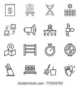 Thin line icon set : receipt, presentation, dna, sun power, notebook connect, megafon, fort, satellite, map, rack, stopwatch, compass, stands for knives, spices, bucket and broom, wiping