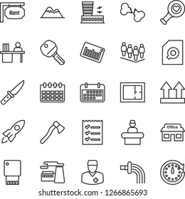 Thin Line Icon Set - reception vector, airport building, team, calendar, factory, watering, axe, heart diagnostic, broken bone, doctor, store, term, up side sign, barcode, document search, checklist