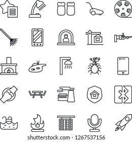 Thin Line Icon Set - reception vector, boarding, flight table, mobile phone, factory, rake, lawn mower, fire, picnic, joint, virus, reel, microphone, cell, favorites list, bluetooth, desk lamp, pond