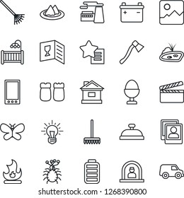 Thin Line Icon Set - reception vector, factory, rake, butterfly, fire, house, axe, virus, clapboard, favorites list, battery, mobile, gallery, photo, pond, children room, serviette, wine card, idea
