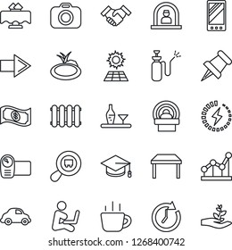 Thin Line Icon Set - reception vector, right arrow, graduate, coffee, pond, garden sprayer, tomography, car delivery, search cargo, camera, video, paper pin, mobile, charge, point graph, handshake