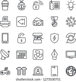 Thin Line Icon Set - reception vector, medal, printer, bucket, lady bug, well, virus, satellite antenna, gamepad, monitor, rewind, mobile, phone back, protect, update, calendar, ink pen, office, fan