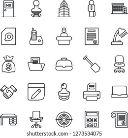 Thin Line Icon Set - reception vector, stamp, medical room, office chair, desk, money bag, job, printer, radio phone, notes, building, document folder, search, calculator, lamp, target, notebook pc
