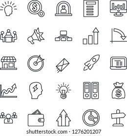 Thin Line Icon Set - reception vector, growth statistic, team, office binder, notebook pc, document, money bag, crisis graph, brainstorm, monitor, circle chart, meeting, target, arrow up, rocket