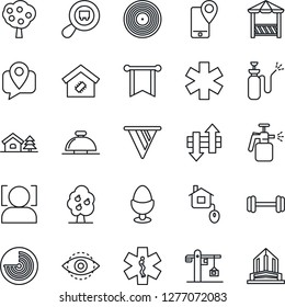 Thin Line Icon Set - reception bell vector, radar, garden sprayer, ambulance star, barbell, mobile tracking, search cargo, vinyl, data exchange, face id, eye, house with tree, fruit, smart home