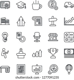 Thin Line Icon Set - reception vector, office chair, calculator, graduate, abacus, desk, coffee, bulb, document reload, building, consumer search, arrow up graph, growth, money, cash, car, award cup