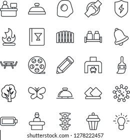 Thin Line Icon Set - reception bell vector, manager place, pencil, tree, butterfly, fire, picnic table, joint, virus, traffic light, reel, protect, themes, battery, fence, fireplace, wine card, idea