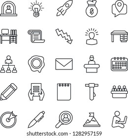 Thin Line Icon Set - reception vector, mail, hierarchy, desk, pen, notepad, tie, crisis graph, document, meeting, pencil, stamp, mobile tracking, target, consumer search, shining head, motivation