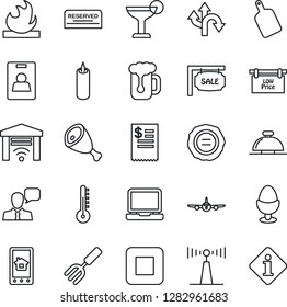 Thin Line Icon Set - reception bell vector, plane, stamp, garden fork, route, flammable, antenna, speaker, laptop pc, stop button, identity card, sale, low price signboard, reserved, cocktail, beer