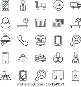 Thin Line Icon Set - reception bell vector, mobile phone, ambulance car, office, 24 hours, support, client, cargo container, delivery, consolidated, heavy scales, search, cell, call, waiter, battery