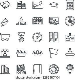 Thin Line Icon Set - reception vector, office building, identity card, binder, medal, graduate, notepad, circle chart, meeting, hierarchy, target, group, handshake, growth graph, calendar, cart