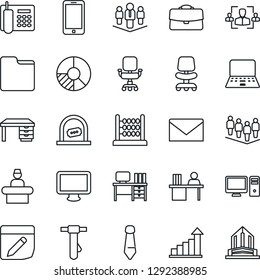 Thin Line Icon Set - reception vector, ticket office, mobile phone, mail, growth statistic, chair, team, desk, notebook pc, tie, circle chart, monitor, folder, notes, case, hr, abacus, manager