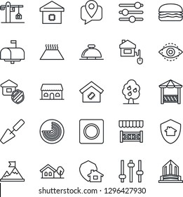Thin Line Icon Set - reception bell vector, radar, trowel, mobile tracking, tuning, record, eye id, house with tree, fruit, smart home, crane, estate insurance, mailbox, cafe building, alcove