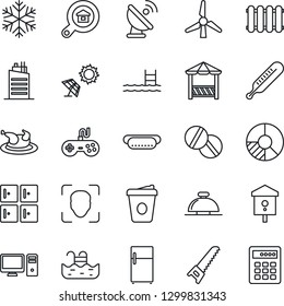Thin Line Icon Set - reception bell vector, checkroom, coffee, circle chart, saw, bird house, thermometer, pills, satellite antenna, gamepad, face id, pool, windmill, estate search, city, alcove, pc