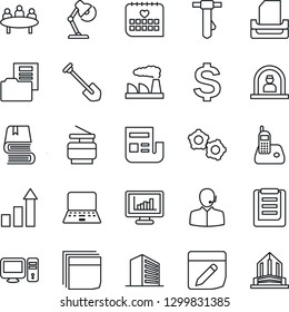 Thin Line Icon Set - reception vector, gear, office building, growth statistic, dollar sign, notebook pc, tie, meeting, job, factory, medical calendar, clipboard, radio phone, notes, news, blank box
