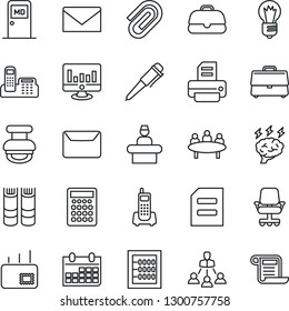 Thin Line Icon Set - reception vector, medical room, mail, book, pen, document, brainstorm, meeting, bulb, calendar, statistic monitor, printer, office phone, case, paper clip, abacus, hierarchy