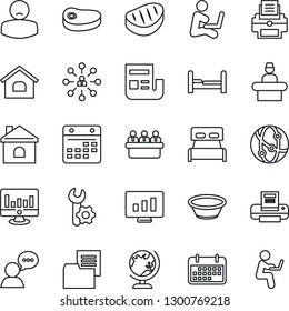 Thin Line Icon Set - reception vector, globe, hierarchy, meeting, statistic monitor, house, patient, term, folder document, network, speaker, calendar, root setup, news, printer, bedroom, steak