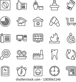 Thin Line Icon Set - reception vector, radar, glove, monitor pulse, pills, disabled, caries, clipboard, office phone, sea port, no trolley, flammable, search cargo, update, alarm, compass, clock, pc