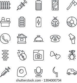Thin Line Icon Set - reception bell vector, mobile phone, manager place, circle chart, fence, lady bug, house, sickle, axe, syringe, joint, broken bone, virus, traffic light, flame disk, microphone