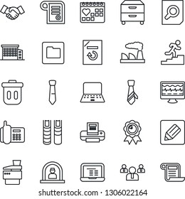 Thin Line Icon Set - reception vector, handshake, team, medal, document search, notebook pc, factory, reload, monitor pulse, medical calendar, office phone, folder, notes, printer, tie, archive box