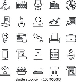 Thin Line Icon Set - reception vector, medical room, mobile phone, document search, crisis graph, bulb, calendar, factory, circle chart, contract, office, case, chair, support, checklist, point
