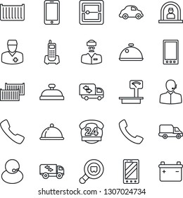 Thin Line Icon Set - reception vector, mobile phone, doctor, office, 24 hours, support, cargo container, car delivery, heavy scales, search, call, scanner, moving, dish, battery