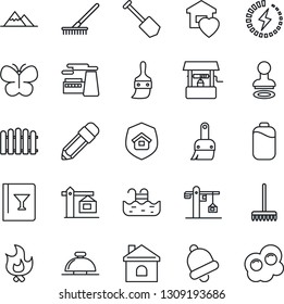 Thin Line Icon Set - reception bell vector, stamp, job, factory, fence, rake, butterfly, fire, house, well, themes, battery, charge, pencil, pool, mountains, sweet home, crane, estate insurance