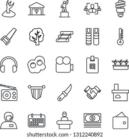 Thin Line Icon Set - reception vector, pedestal, pennant, tree, sproute, saw, seedling, garden knife, fireplace, cash, support, term, radio, video camera, headphones, identity card, hr, paper tray