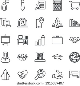 Thin Line Icon Set - reception vector, handshake, speaking man, contract, growth statistic, case, document search, graduate, abacus, desk, tie, presentation board, mobile tracking, hierarchy, group