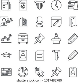 Thin Line Icon Set - reception vector, office building, chair, pennant, graduate, tie, document, factory, reload, pencil, clock, notes, calendar, drawing pin, pie graph, news, identity card, hr