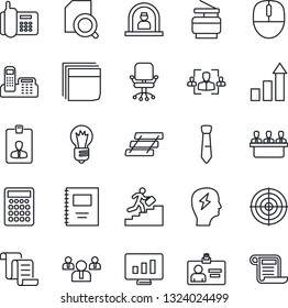 Thin Line Icon Set - reception vector, contract, identity card, growth statistic, office chair, team, mouse, brainstorm, bulb, monitor, phone, copybook, document search, hr, blank box, target, tie