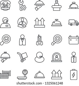 Thin Line Icon Set - reception bell vector, office phone, 24 hours, support, client, cargo container, car delivery, up side sign, heavy scales, search, root setup, waiter, dish, battery