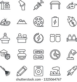 Thin Line Icon Set - reception vector, manager place, factory, pencil, circle chart, rake, syringe, joint, reel, flame disk, speaker, charge, desk lamp, stamp, pond, mountains, table, crane, battery
