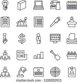 Thin Line Icon Set - reception vector, hierarchy, dollar sign, pen, meeting, bulb, calendar, job, factory, monitor pulse, medical, clipboard, bar graph, news, abacus, blank box, point, desk lamp