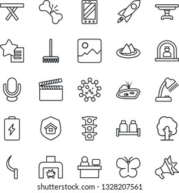 Thin Line Icon Set - reception vector, mobile phone, manager place, rake, tree, butterfly, sickle, picnic table, broken bone, virus, traffic light, clapboard, microphone, favorites list, gallery