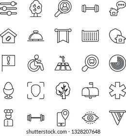 Thin Line Icon Set - Reception Bell Vector, Disabled, Radar, Tree, Ambulance Star, Barbell, Important Flag, Mobile Tracking, Cargo Container, Search, Tuning, Face Id, Eye, Fruit, Smart Home, Mailbox