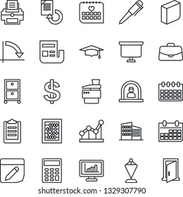 Thin Line Icon Set - reception vector, dollar sign, case, pennant, graduate, abacus, pen, presentation board, crisis graph, calendar, document reload, medical, notes, clipboard, monitor statistics