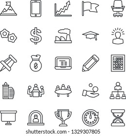 Thin Line Icon Set - reception vector, mobile phone, gear, hierarchy, dollar sign, graduate, abacus, notebook pc, presentation board, meeting, drawing pin, factory, pencil, office building, clock