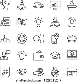 Thin Line Icon Set - reception vector, handshake, speaking man, hierarchy, document search, graduate, meeting, statistic monitor, stamp, mobile tracking, shining head, wallet, investment, idea, cash