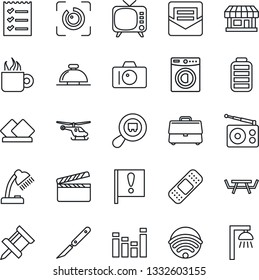 Thin Line Icon Set - reception bell vector, camera, helicopter, picnic table, scalpel, patch, important flag, store, search cargo, clapboard, radio, tv, equalizer, battery, mail, eye id, case