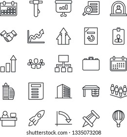 Thin Line Icon Set - reception vector, handshake, office building, identity card, growth statistic, case, team, document search, desk, tie, crisis graph, drawing pin, manager place, calendar, reload
