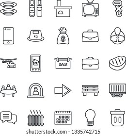 Thin Line Icon Set - Reception Vector, Right Arrow, Helicopter, Case, Money Bag, Meeting, Bulb, Bench, Fireplace, Client, Truck Trailer, No Hook, Heavy, Tv, Cell Phone, Dialog, Calendar, Book, Sale