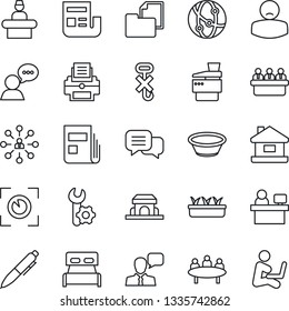 Thin Line Icon Set - reception vector, hierarchy, pen, meeting, manager place, seedling, patient, folder document, no hook, network, dialog, speaker, root setup, news, printer, copier, house, bowl