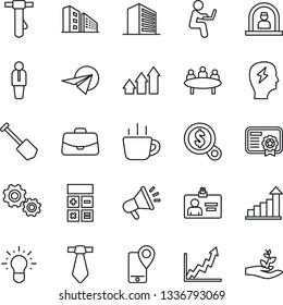 Thin Line Icon Set - reception vector, manager, office building, identity card, growth statistic, case, calculator, tie, coffee, brainstorm, meeting, job, mobile tracking, arrow up graph, gear, idea